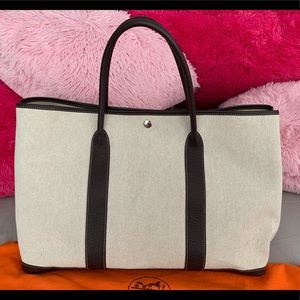 HERMES BROWN/BEIGE TOILE CANVAS GARDEN PARTY TOTE